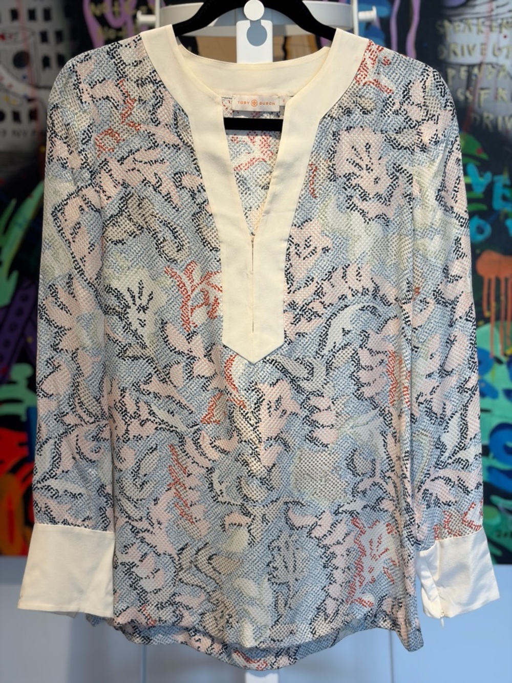 Tory Burch Cream Tunic with Pale Blue and Soft Pink Floral Pattern